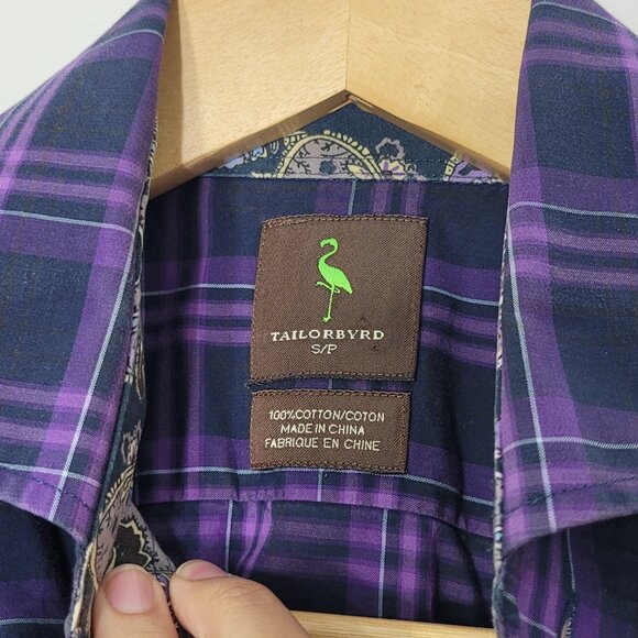 Tailorbyrd Men Purple Navy Blue Plaid Paisley Cuff 100% Cotton Button-Up Shirt S - Picture 7 of 11